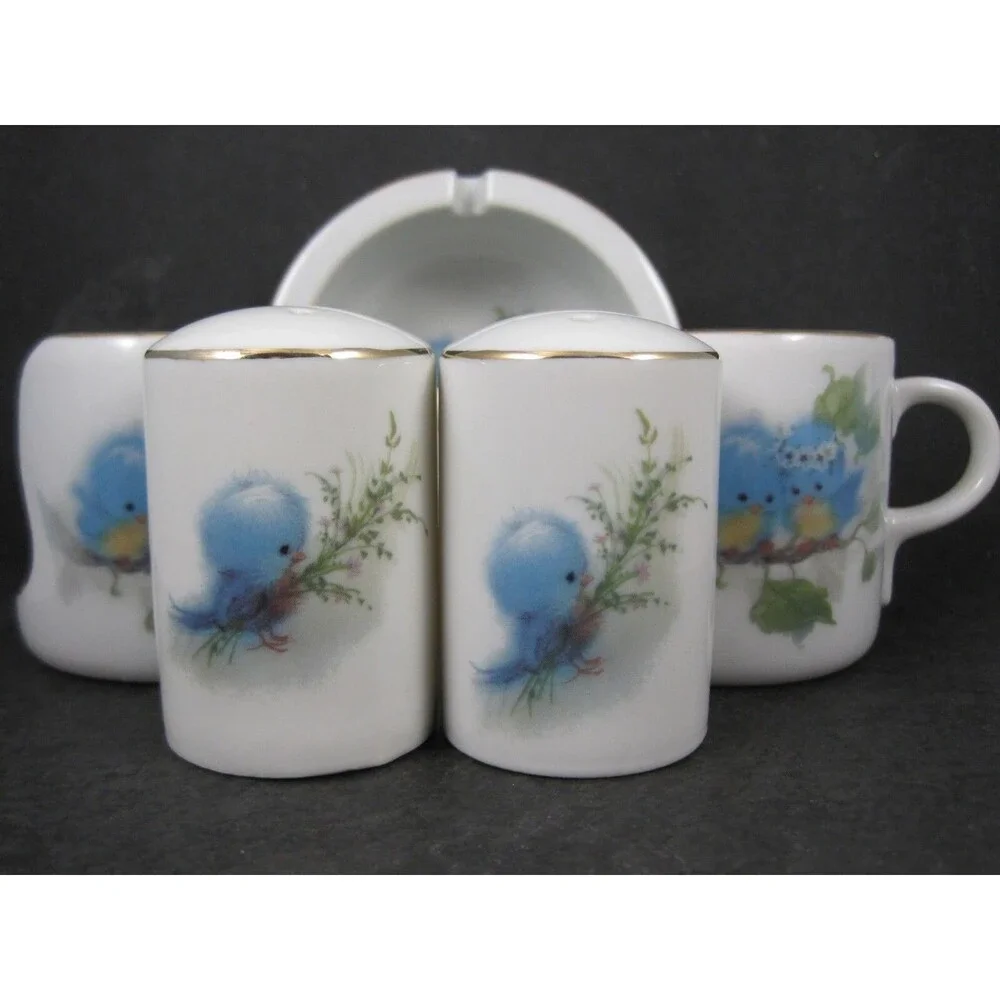 1979 Designer Bluebird Ashtray Candle Holders Salt & Pepper Shaker Set